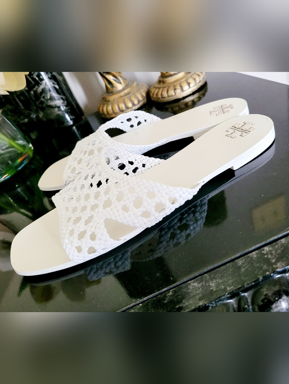Tory Burch Goat Leather Purity White Woven Slide Mule Sandals US 9 - Picture 12 of 16